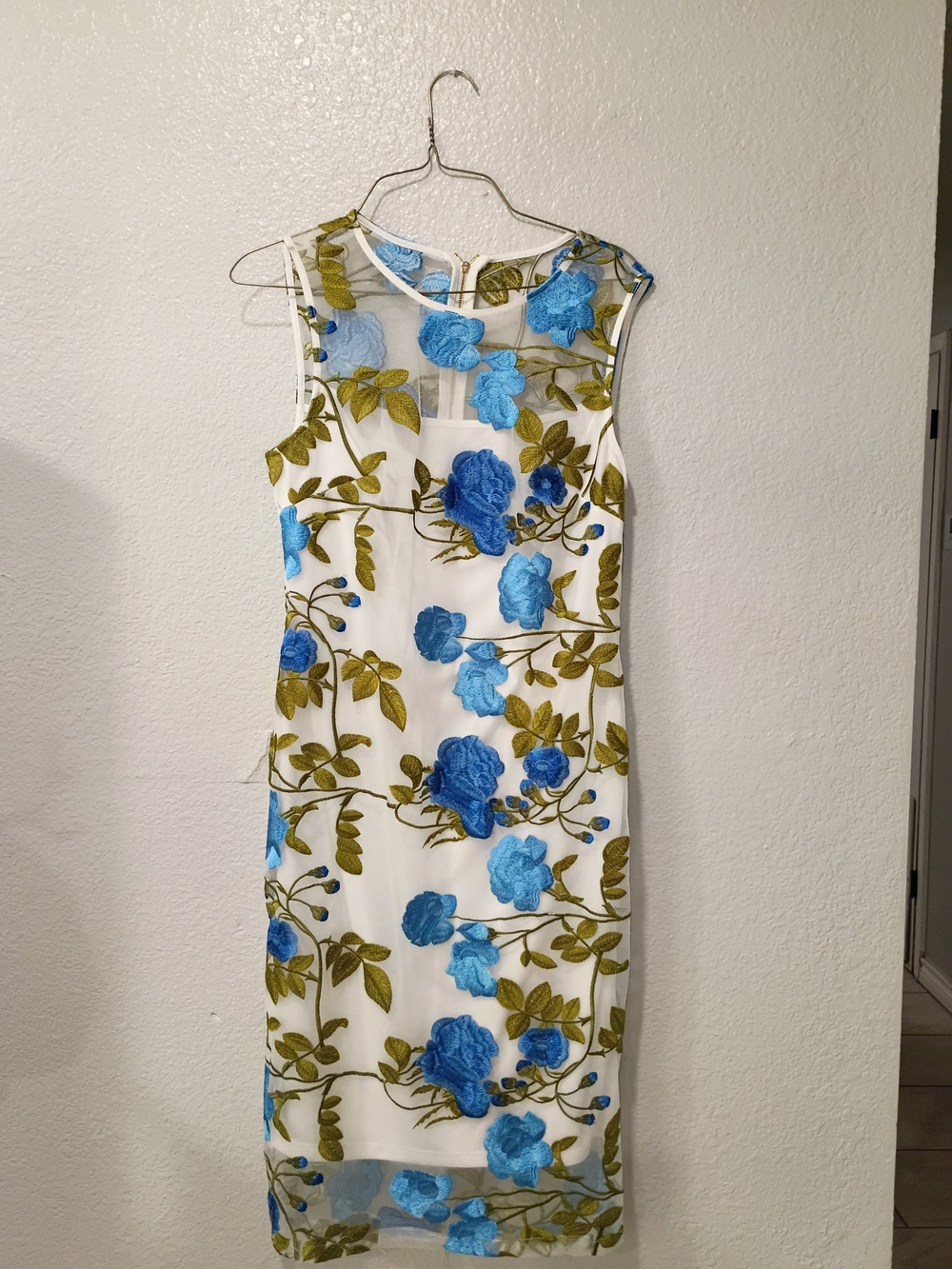 Calvin Klein White Midi Dress with Blue Floral Embroidery